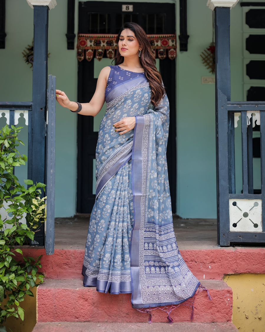 Blue Pure Cotton Linen Saree with Floral Pattern, Blouse, and Tassels on Edges