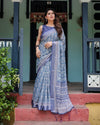 Blue Pure Cotton Linen Saree with Floral Pattern, Blouse, and Tassels on Edges