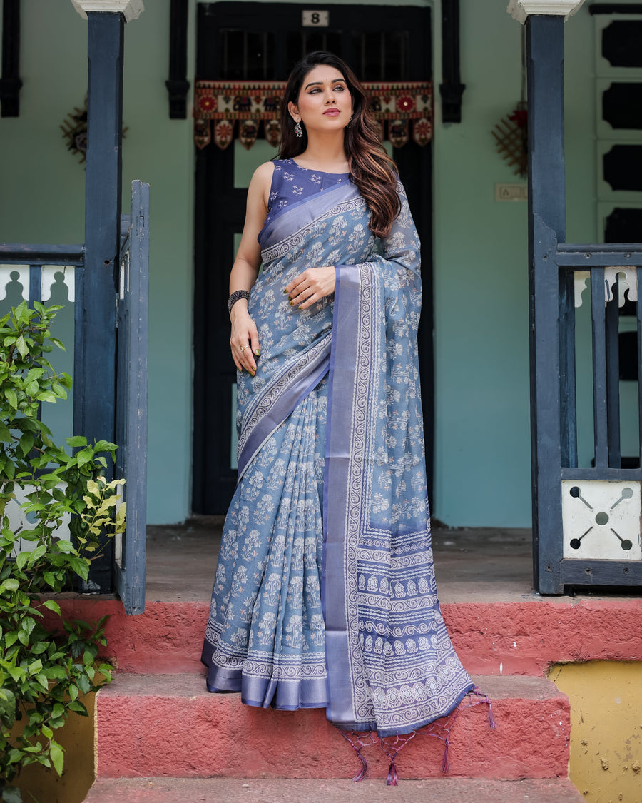 Blue Pure Cotton Linen Saree with Floral Pattern, Blouse, and Tassels on Edges