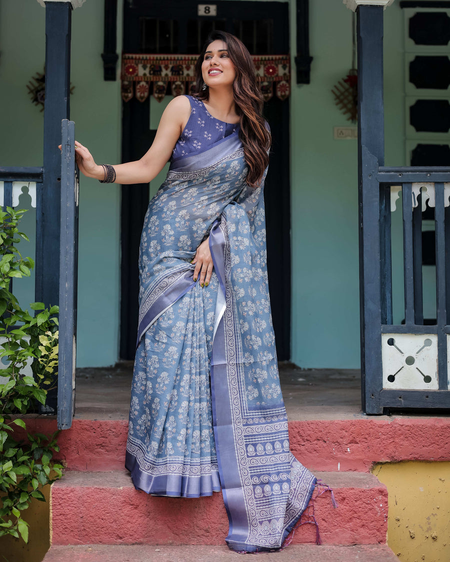 Blue Pure Cotton Linen Saree | Floral Pattern with Blouse & Tassel Edges