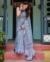 Blue Pure Cotton Linen Saree with Floral Pattern, Blouse, and Tassels on Edges