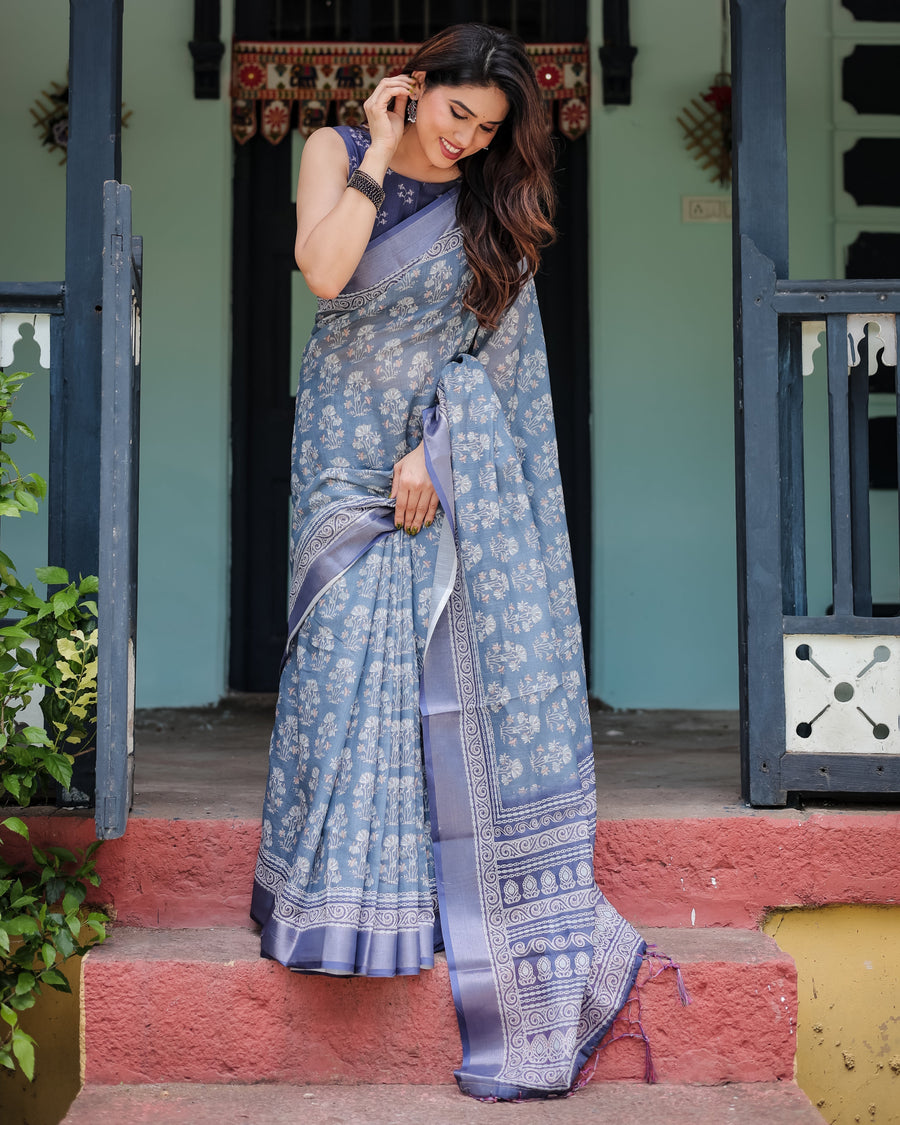 Blue Pure Cotton Linen Saree with Floral Pattern, Blouse, and Tassels on Edges