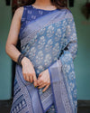 Blue Pure Cotton Linen Saree | Floral Pattern with Blouse & Tassel Edges