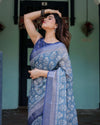 Blue Pure Cotton Linen Saree | Floral Pattern with Blouse & Tassel Edges