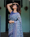 Blue Pure Cotton Linen Saree with Floral Pattern, Blouse, and Tassels on Edges