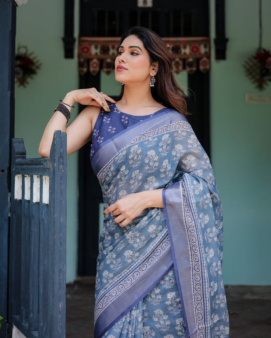 Blue Pure Cotton Linen Saree with Floral Pattern, Blouse, and Tassels on Edges