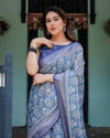 Blue Pure Cotton Linen Saree | Floral Pattern with Blouse & Tassel Edges