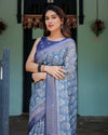 Blue Pure Cotton Linen Saree | Floral Pattern with Blouse & Tassel Edges