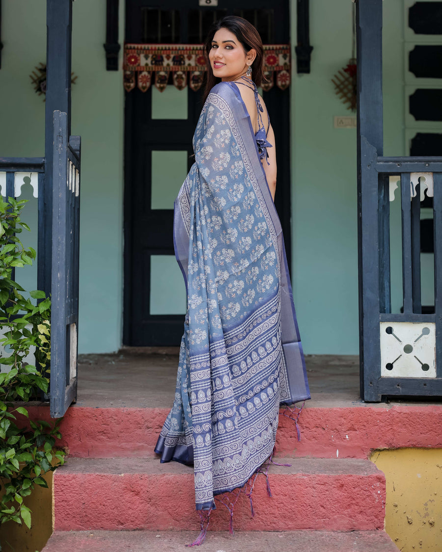 Blue Pure Cotton Linen Saree | Floral Pattern with Blouse & Tassel Edges
