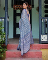 Blue Pure Cotton Linen Saree with Floral Pattern, Blouse, and Tassels on Edges
