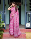 Magenta Pure Cotton Linen Saree | White Floral Block Print with Blouse & Tassel Detailing