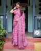 Magenta Pure Cotton Linen Saree | White Floral Block Print with Blouse & Tassel Detailing