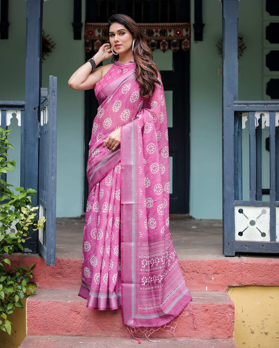 Magenta Pure Cotton Linen Saree | White Floral Block Print with Blouse & Tassel Detailing