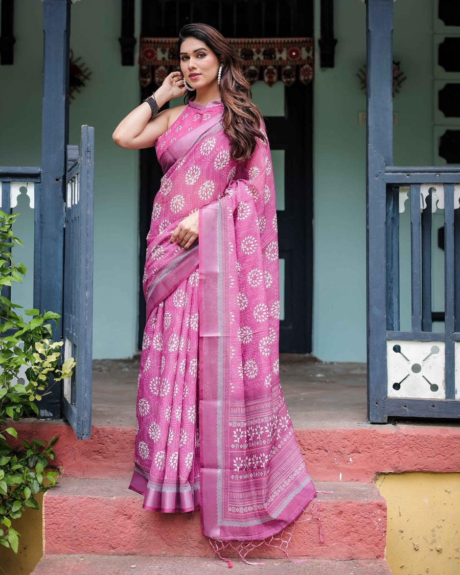 Magenta Pure Cotton Linen Saree with White Floral Block Print, Blouse, and Tassel Detailing