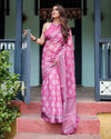 Magenta Pure Cotton Linen Saree | White Floral Block Print with Blouse & Tassel Detailing