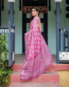Magenta Pure Cotton Linen Saree | White Floral Block Print with Blouse & Tassel Detailing