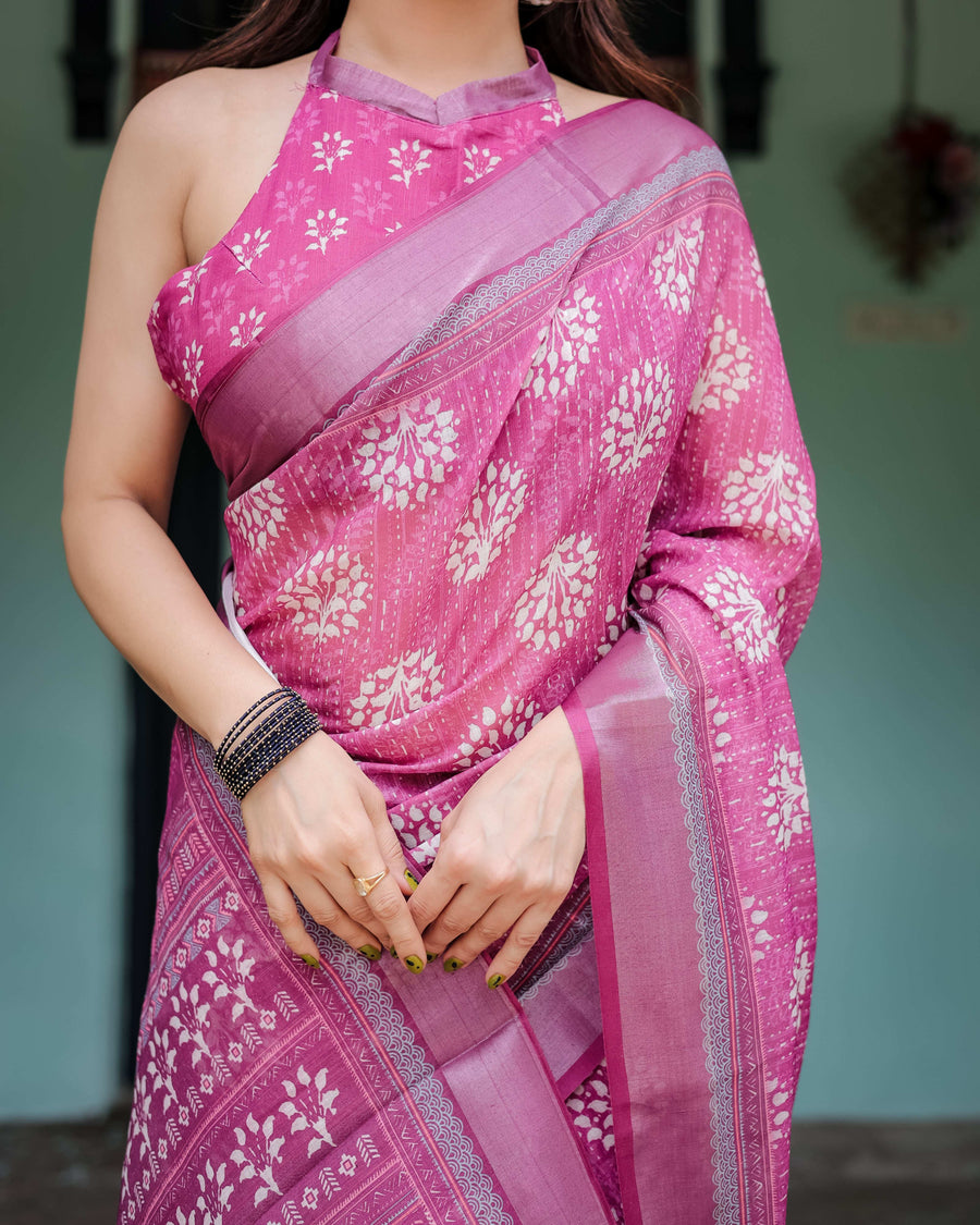 Magenta Pure Cotton Linen Saree | White Floral Block Print with Blouse & Tassel Detailing