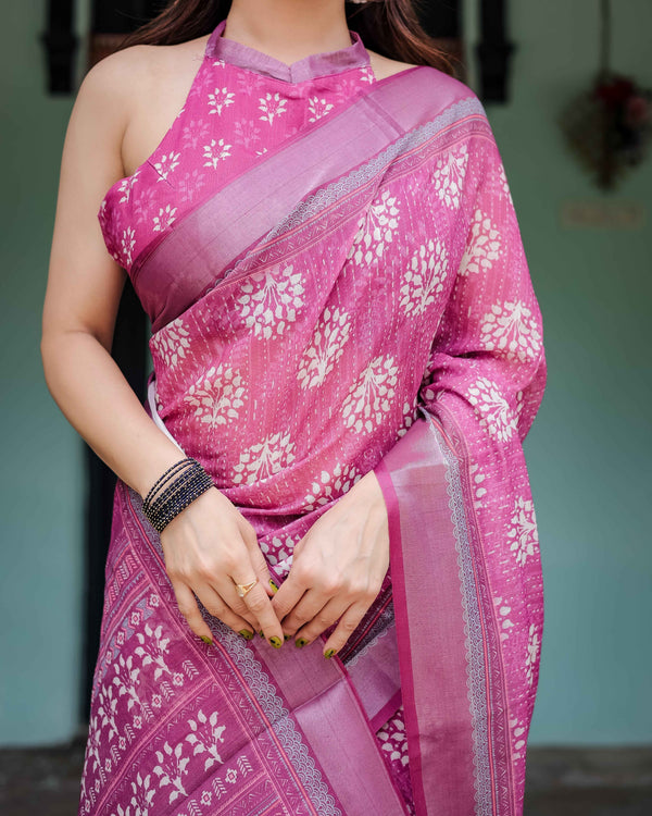 Magenta Pure Cotton Linen Saree with White Floral Block Print, Blouse, and Tassel Detailing