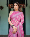 Magenta Pure Cotton Linen Saree | White Floral Block Print with Blouse & Tassel Detailing