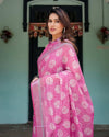 Magenta Pure Cotton Linen Saree | White Floral Block Print with Blouse & Tassel Detailing
