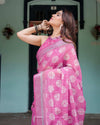 Magenta Pure Cotton Linen Saree | White Floral Block Print with Blouse & Tassel Detailing
