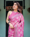 Magenta Pure Cotton Linen Saree | White Floral Block Print with Blouse & Tassel Detailing