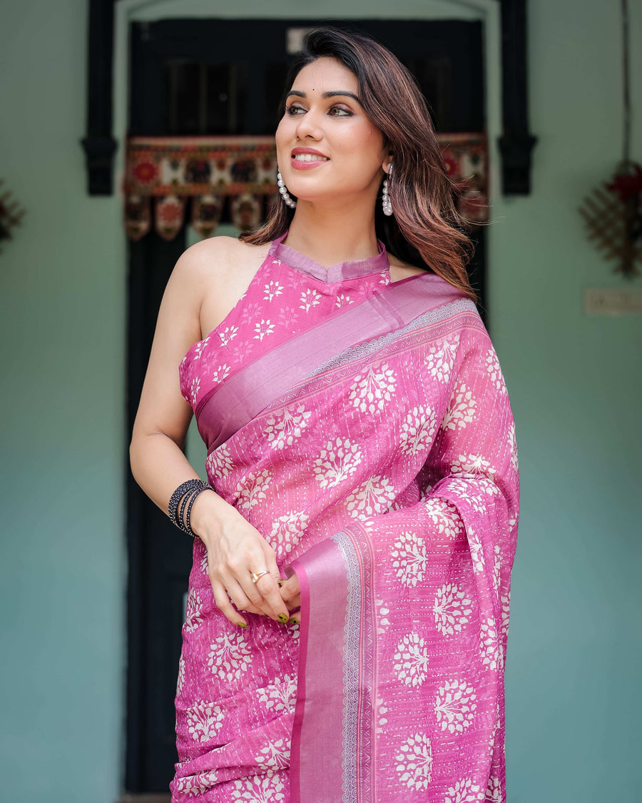Magenta Pure Cotton Linen Saree | White Floral Block Print with Blouse & Tassel Detailing