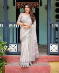 Soft Grey Pure Cotton Linen Saree | Pink & White Ikat Design with Blouse & Tassel Detailing