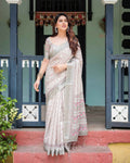 Soft Grey Pure Cotton Linen Saree | Pink & White Ikat Design with Blouse & Tassel Detailing
