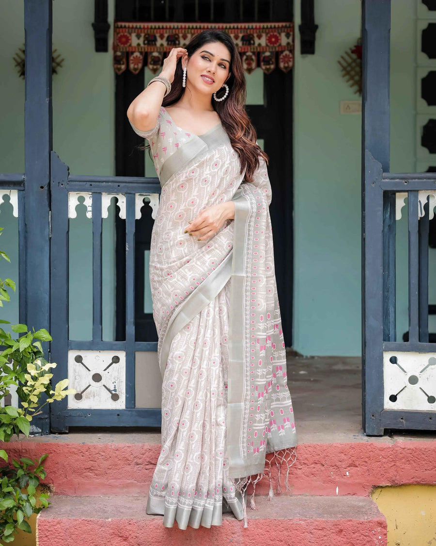 Soft Grey Pure Cotton Linen Saree | Pink & White Ikat Design with Blouse & Tassel Detailing