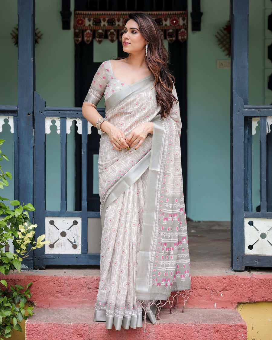 Soft Grey Pure Cotton Linen Saree | Pink & White Ikat Design with Blouse & Tassel Detailing