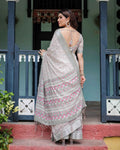Soft Grey Pure Cotton Linen Saree | Pink & White Ikat Design with Blouse & Tassel Detailing