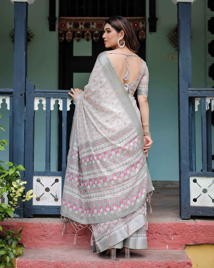 Soft Grey Pure Cotton Linen Saree | Pink & White Ikat Design with Blouse & Tassel Detailing
