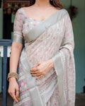 Soft Grey Pure Cotton Linen Saree | Pink & White Ikat Design with Blouse & Tassel Detailing