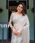 Soft Grey Pure Cotton Linen Saree | Pink & White Ikat Design with Blouse & Tassel Detailing