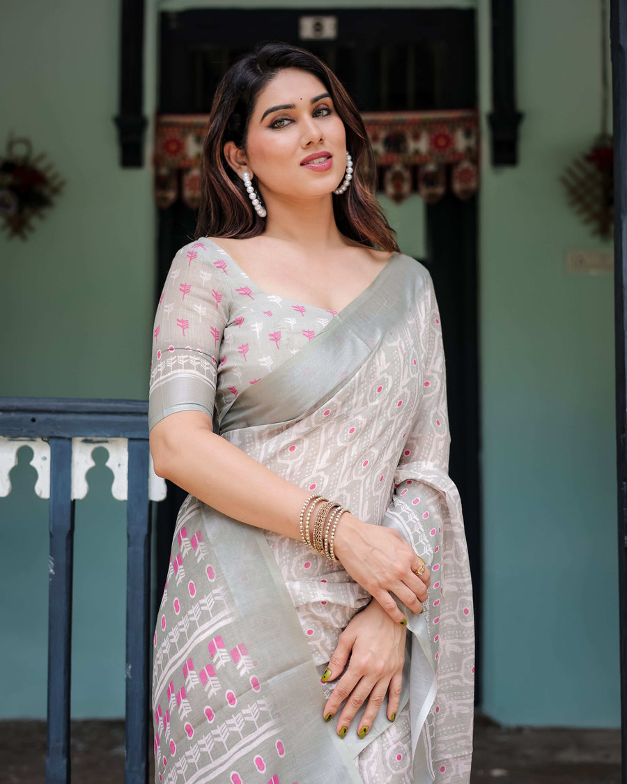 Soft Grey Pure Cotton Linen Saree | Pink & White Ikat Design with Blouse & Tassel Detailing