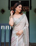 Soft Grey Pure Cotton Linen Saree | Pink & White Ikat Design with Blouse & Tassel Detailing