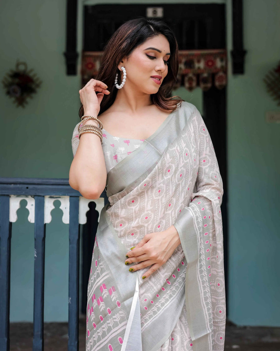 Soft Grey Pure Cotton Linen Saree | Pink & White Ikat Design with Blouse & Tassel Detailing
