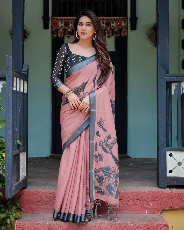 Blush Pink Pure Cotton Linen Saree | Contrast Polka Dot Blouse & Tassel Detailing