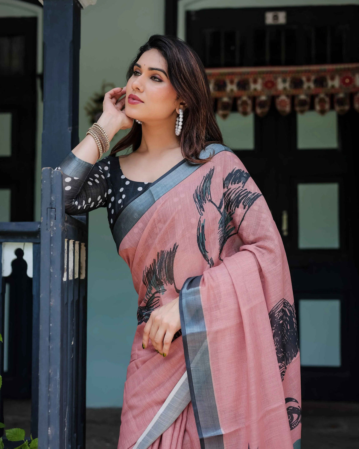 Blush Pink Pure Cotton Linen Saree | Contrast Polka Dot Blouse & Tassel Detailing