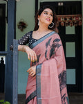 Blush Pink Pure Cotton Linen Saree | Contrast Polka Dot Blouse & Tassel Detailing