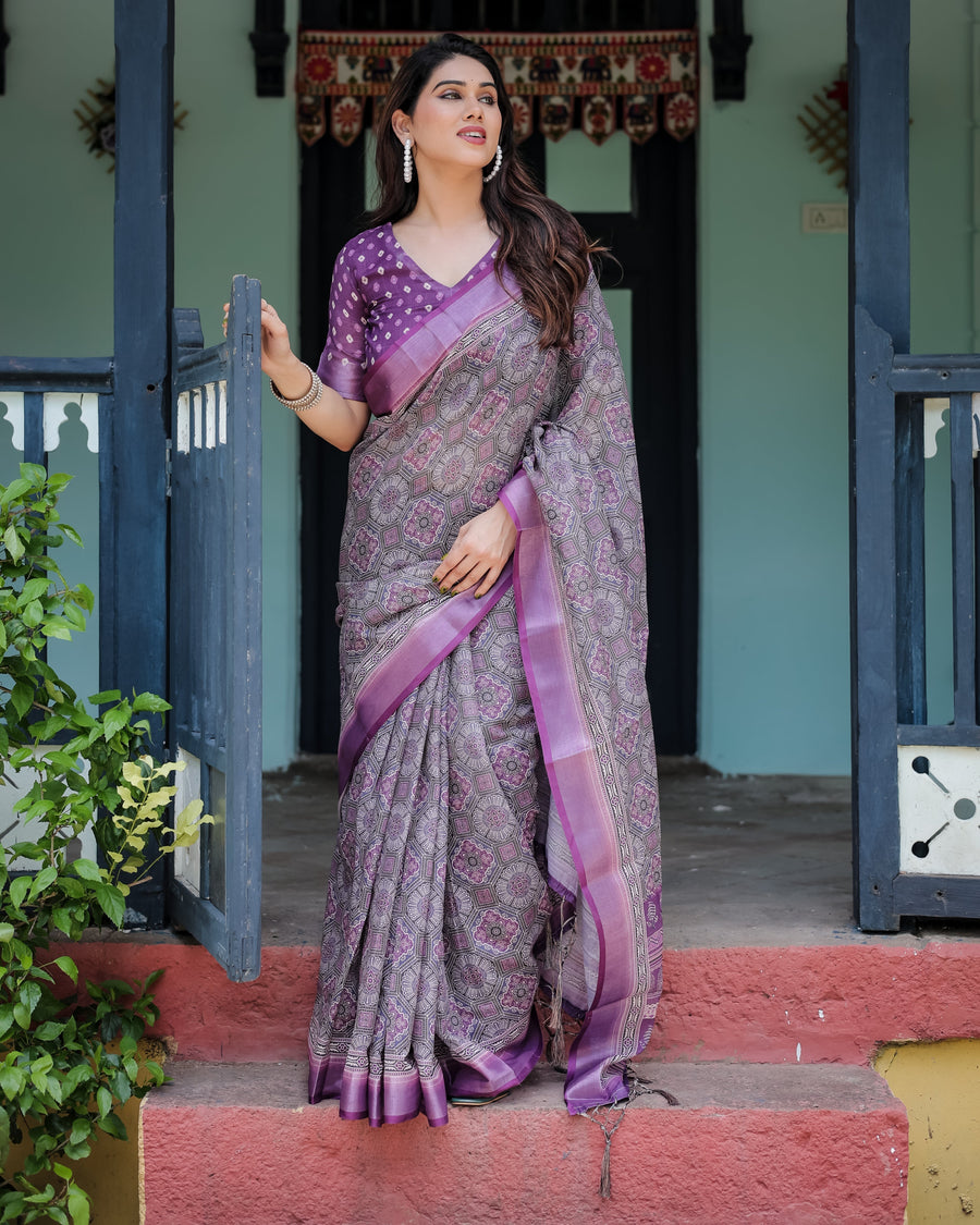 Purple Cotton Linen Saree with Geometric Motif and Blouse
