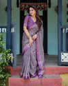 Purple Cotton Linen Saree with Geometric Motif and Blouse