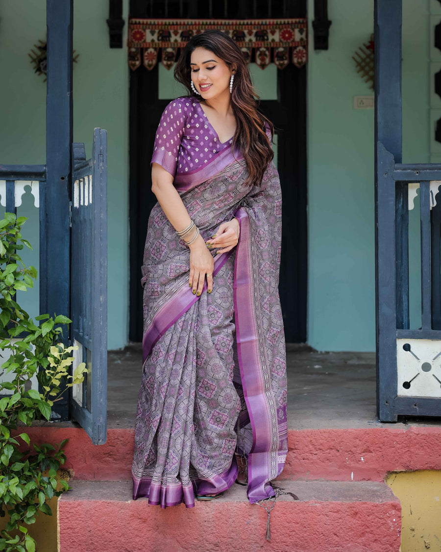 Purple Cotton Linen Saree with Geometric Motif and Blouse