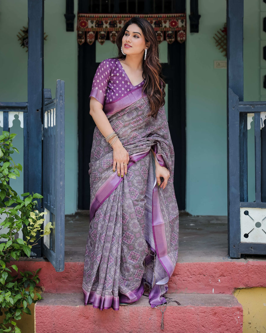 Purple Pure Cotton Linen Saree | Geometric Motif with Matching Blouse & Tassel Edges