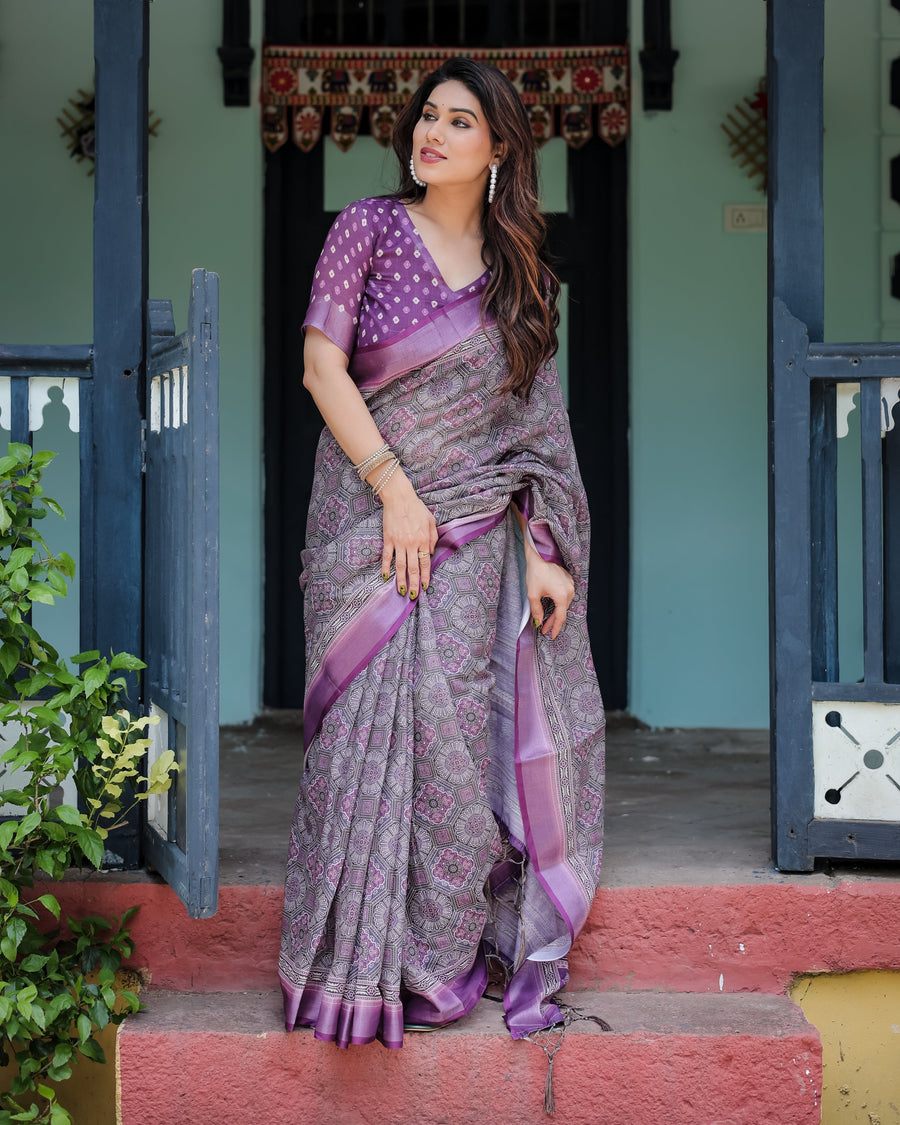 Purple Cotton Linen Saree with Geometric Motif and Blouse