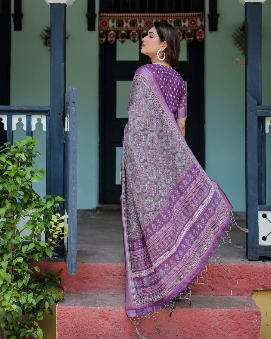 Purple Pure Cotton Linen Saree | Geometric Motif with Matching Blouse & Tassel Edges