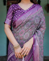 Purple Pure Cotton Linen Saree | Geometric Motif with Matching Blouse & Tassel Edges