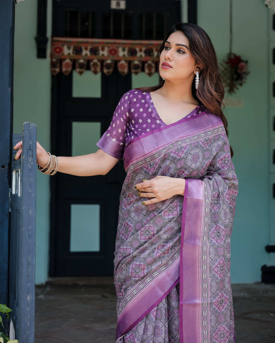 Purple Pure Cotton Linen Saree | Geometric Motif with Matching Blouse & Tassel Edges