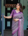 Purple Cotton Linen Saree with Geometric Motif and Blouse
